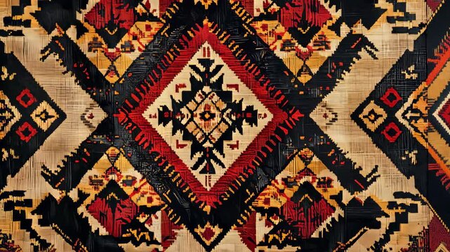 Vibrant geometric pattern transition displaying traditional rug motifs
