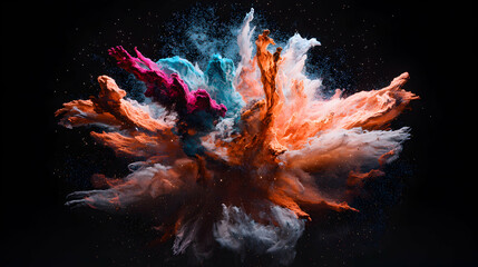 Fototapeta premium Abstract explosion of colorful powder against a black background. Ideal for graphic design posters advertising or any visual creative project with a cosmic theme.