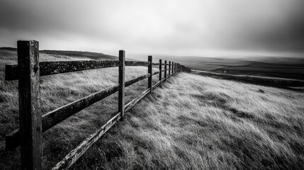 Fototapeta premium Monochrome rural landscape with weathered fence.