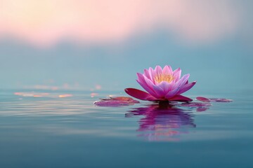 A serene pink lotus flower floating gently on calm water with soft pastel background, symbolizing purity, peace, and spiritual awakening, perfect for meditation themes.