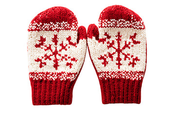 Red and white knitted mittens with snowflake pattern on a transparent background

