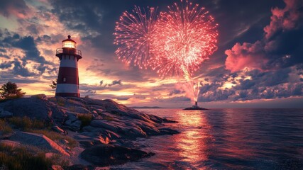 Coastal lighthouse with fireworks at sunset