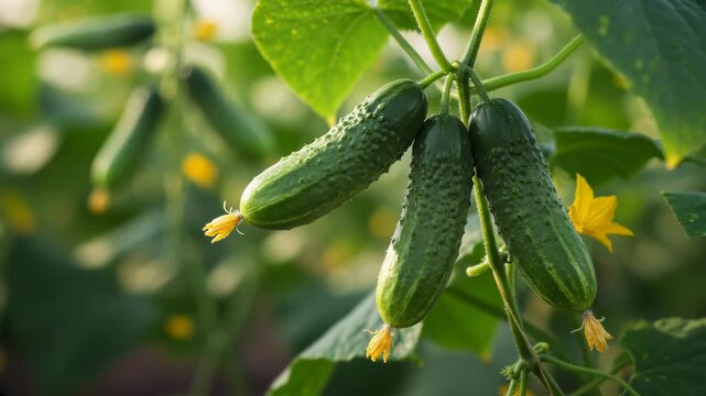 Cucumbers gently swaying on vine in garden with soft breeze