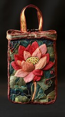 Intricate leather handbag featuring a sculpted lotus blossom in shades of red, pink, and green, accented with metallic details