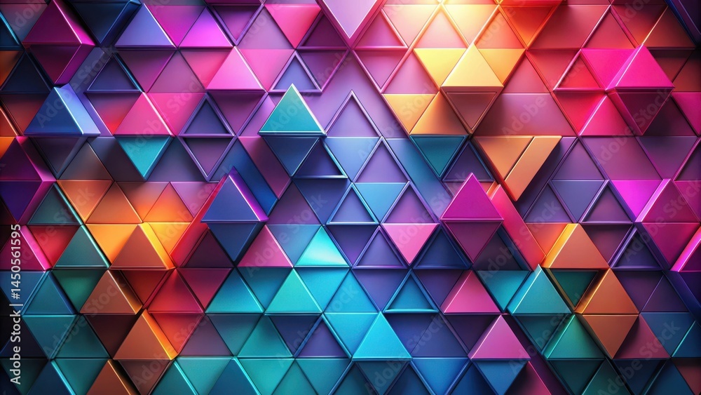 Fototapete A vibrant abstract pattern of overlapping triangles in a spectrum of colors, from deep blues and purples to bright oranges and pinks, creating a dynamic and textured surface.