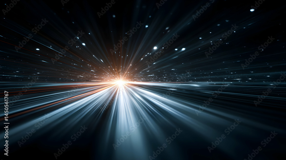 Poster light streams through a dark expanse creating an illusion of speed and dimensional transcendence