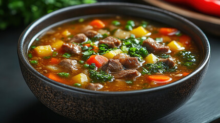 A hearty bowl of soup with beef, potatoes, carrots, and peas