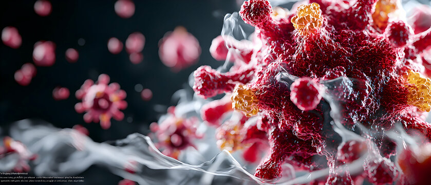 An artistic depiction of a virus particle in vibrant detail. Suitable for scientific educational material or medical visualizations promoting awareness. - Powered by Adobe