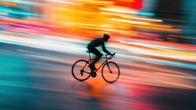 Silhouette of a cyclist in motion through a vibrant urban landscape.