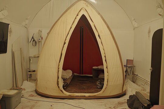 Large, wooden geodesic dome structure under construction, interior view.  Inside, a bed and red partition are visible