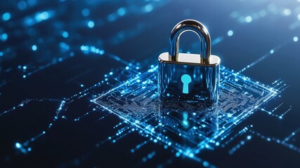 Lock over a circuit board, digital security concept