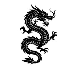 Chinese dragon black silhouette isolated on transparent background, png image 