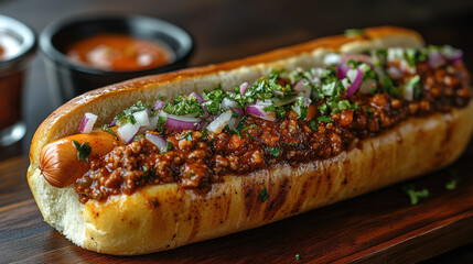 A hot dog topped with chili, onions, and cilantro, served on a toasted bun with a side of sauce