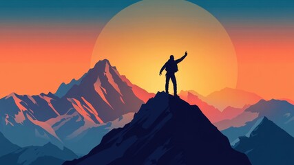 Man silhouette on a mountain top at sunset