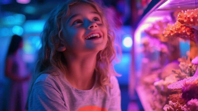 Child amazed by colorful coral in aquarium during evening visit