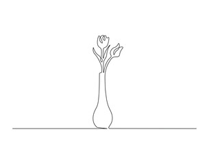 Flower vase outline drawing illustration. Continuous line draw of fresh blossom vector