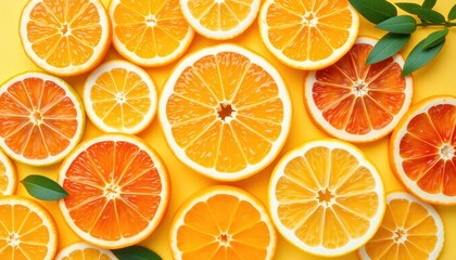Obraz premium Vibrant Orange Slices Arranged Harmoniously on a Sunny Yellow Surface, Enhanced with Green Leaves, Promoting Health and Vitality