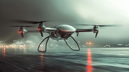 Modern Drone Flying Over Urban Cityscape at Night with Lights