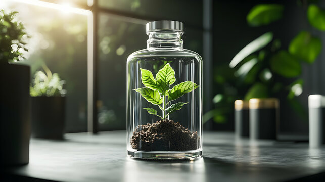 A plant in a glass container symbolizing growth and sustainability. Ideal for eco-friendly product promotion or nature-themed website elements.