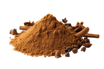 Ground cinnamon and spices in a mound, perfect for cooking and baking, showcasing rich colors and textures in a kitchen setting on transparent background