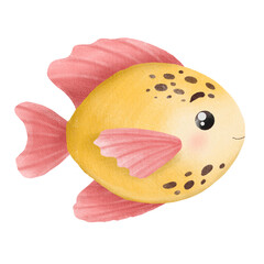 Watercolor illustration of a cute yellow cartoon fish with big eyes and playful fins. Hand painted in a whimsical style, perfect for children's designs, nautical themes and summer decor.