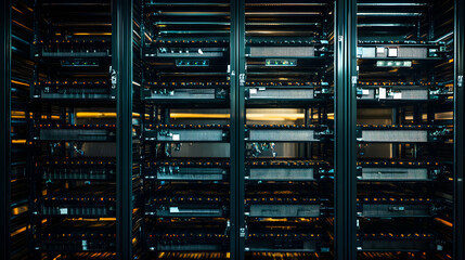 Server racks filled with computer hardware in a dark data center setting.