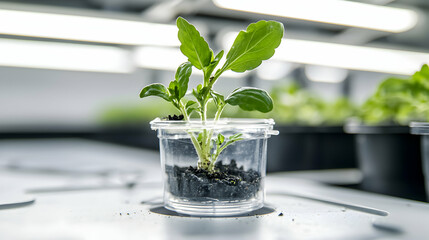 A young plant in a clear container growing under artificial light. Suitable for educational demonstrations or indoor gardening projects. Shows root system details.