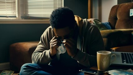 A black man sits on the floor with an overwhelmed expression and a pile of bills to pay around him. Concept of debt and personal economic collapse. - Powered by Adobe