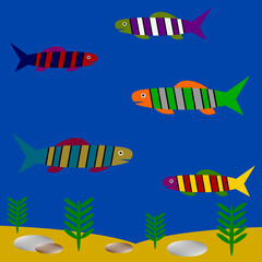 Fish swim in pond. Vector illustration.