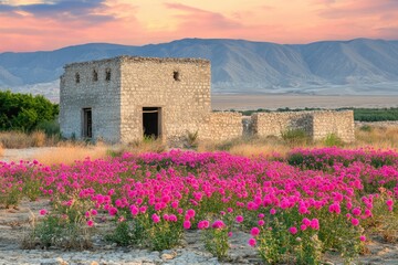 A weathered stone building stands amidst a field of vibrant pink flowers, bathed in the soft light of dawn.  Mountains rise in the background