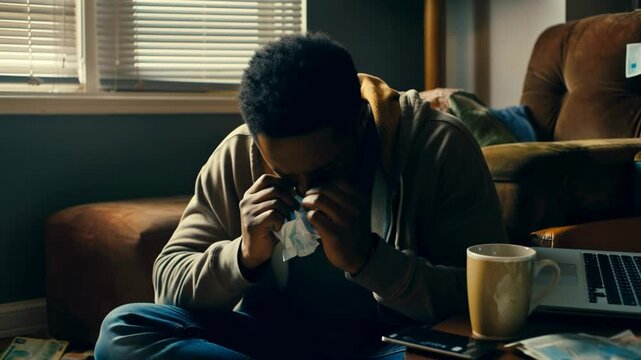 A black man sits on the floor with an overwhelmed expression and a pile of bills to pay around him. Concept of debt and personal economic collapse.