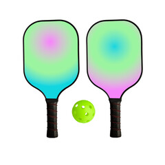 Color gradient pickleball paddles with vibrant green hole-pattern ball