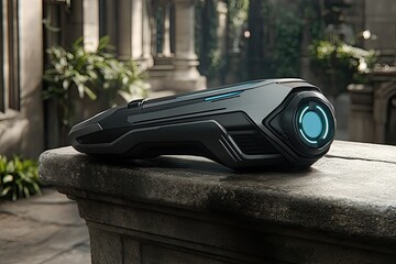 A futuristic, sleek, black device with a blue glowing lens, resting on a stone surface in a dimly lit, overgrown courtyard