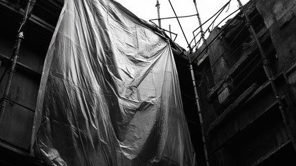 Gray plastic sheeting covering a construction site.
