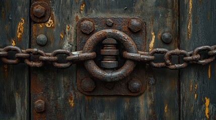 Fototapeta premium Rusted metal shackles secured to weathered wooden planks.