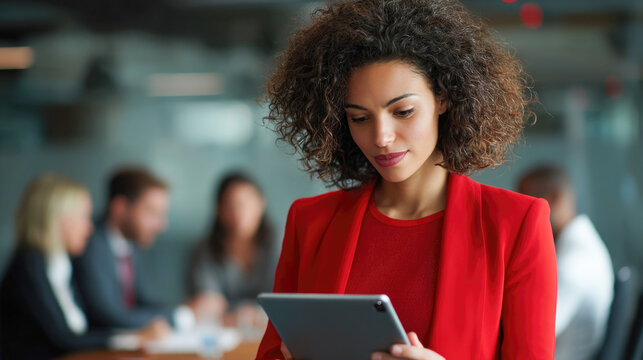 Young african female professional using tablet in office meeting