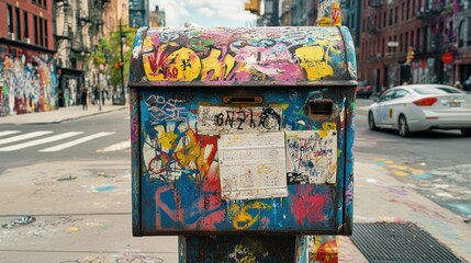 Obraz premium Urban mailbox adorned with colorful graffiti art in a city street.