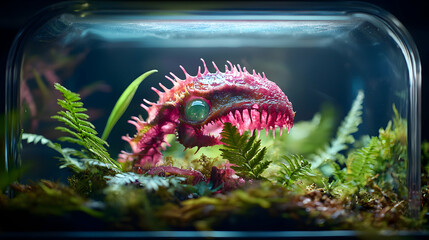 A fantastic creature enclosed in glass terrarium amidst greenery. Display this fascinating alien in your home as captivating art. Imagine its origin and purpose.