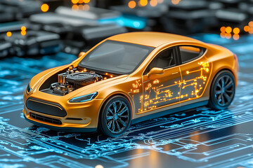 Futuristic gold car with illuminated circuitry and electronic components displayed on circuit board surface