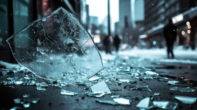 Broken glass shards litter urban street on snowy day.