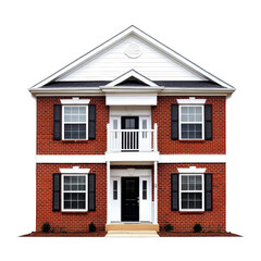 Obraz premium Beautiful modern two-story brick house with black shutters white balcony door and symmetrical on a clear day