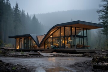 Obraz premium Modern Architectural Structure in Serene Forest Clearing