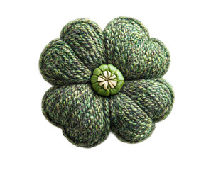 Knitted green flower brooch craft textile top view nature-inspired isolated on transparent background