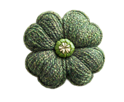 Knitted green flower brooch craft textile top view nature-inspired isolated on transparent background