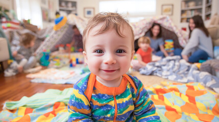 Smiling caucasian toddler in colorful pajamas during indoor playtime with family