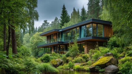 Modern Residence by Forest Edge Under Cloudy Sky