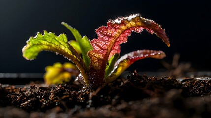 A close-up of a plant seedling. Its leaves exhibit vibrant colors and dew. The plant appears healthy growing in rich soil suggesting growth.