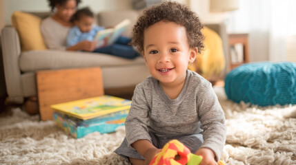 Fototapeta premium Cheerful african child playing indoors with family in background