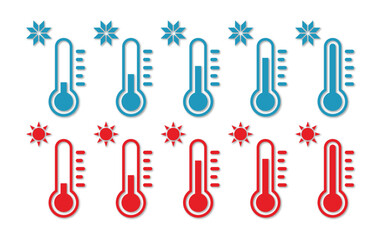 Cold and hot thermometer vector icon with shadow. Hot and cold temperature measurement symbol on white background. Vector illustration