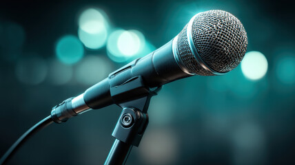Mic close-up with blurred background — a detailed and modern 3D-style concept ideal for tech visuals, infographics, marketing materials, and futuristic digital presentations.